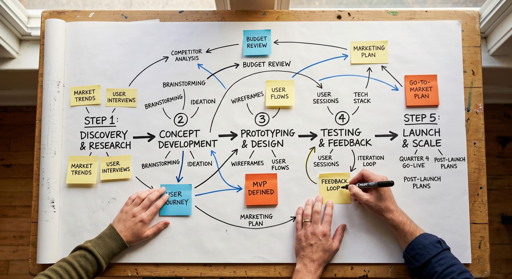 Small business team building a marketing strategy on a whiteboard with sticky notes and diagrams